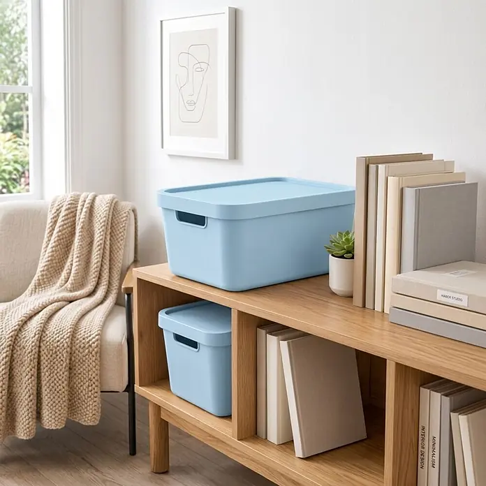 2er-Set 19 Liter in Blau mit Deckel – Stapelboxen, Lagerboxen -  - Zwei hellblaue Aufbewahrungsboxen, eine große und eine kleine, mit Deckeln und Griffen, ordentlich auf einem Holzregal platziert.