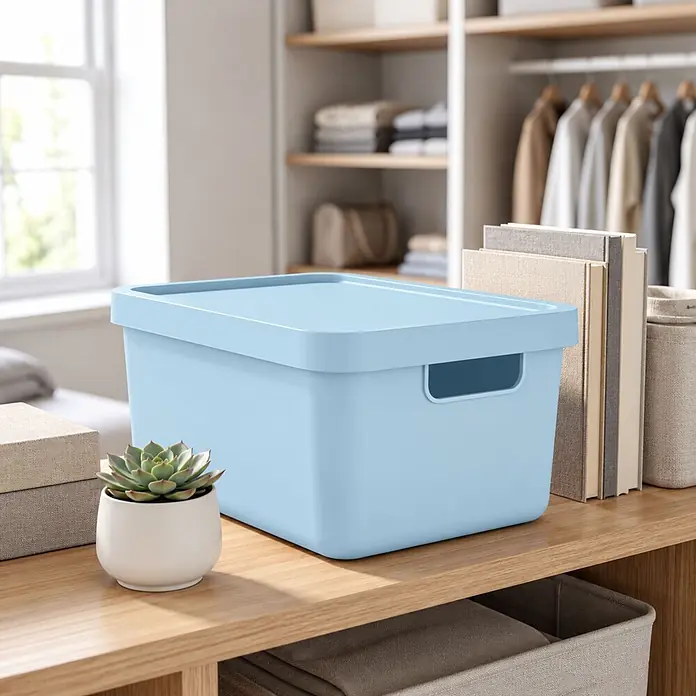 3er-Set 31 Liter in Blau mit Deckel – Stapelboxen, Lagerboxen -  - Hellblaue Kunststoff-Aufbewahrungsbox mit Deckel auf einem Holzregal, in einem Lifestyle-Setting mit Büchern und einer Pflanze.