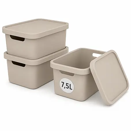 Plastard  Aufbewahrungsbox-Set 3er-Set 7,5 Liter in Beige mit Deckel – Stapelboxen, Lagerboxen