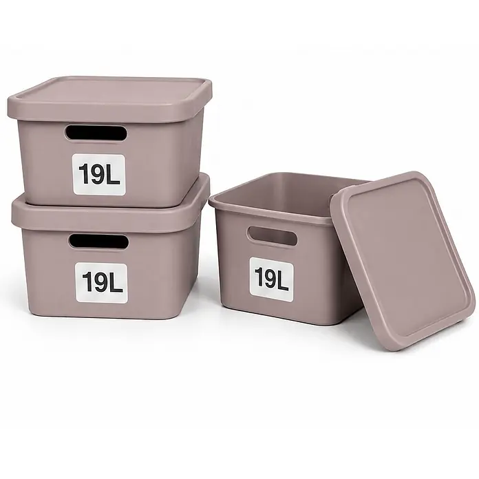 3er-Set 19 Liter in Pink mit Deckel – Stapelboxen, Lagerboxen -  - Drei rechteckige, mauvefarbene Aufbewahrungsboxen mit Deckeln. Zwei sind gestapelt, eine ist offen, alle mit '19L' beschriftet.