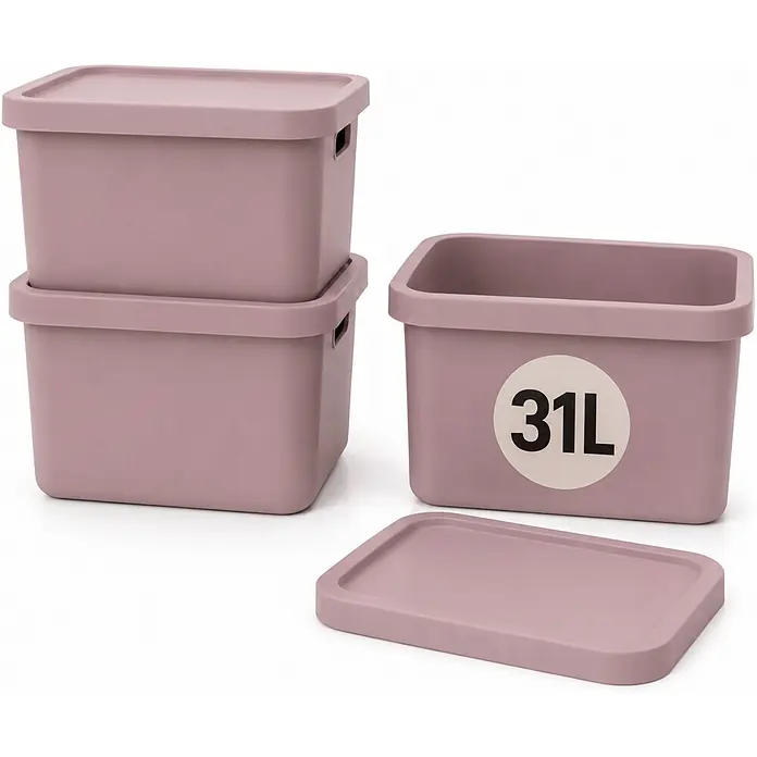3er-Set 31 Liter in Pink mit Deckel – Stapelboxen, Lagerboxen -  - Set mauver Kunststoff-Aufbewahrungsboxen mit Deckel, eine mit 31L-Etikett.