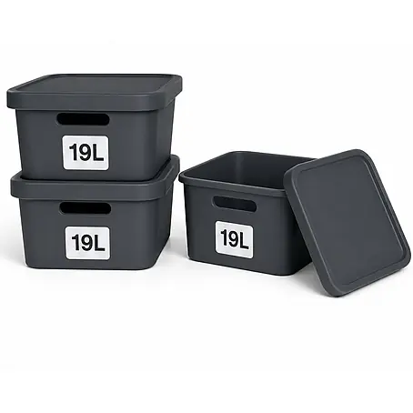 Plastard  Aufbewahrungsbox-Set 3er-Set 19 Liter in Anthrazit mit Deckel – Stapelboxen, Lagerboxen