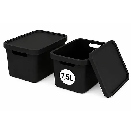 Plastard  Aufbewahrungsbox-Set 2er-Set 7,5 Liter in Schwarz mit Deckel – Stapelboxen, Lagerboxen