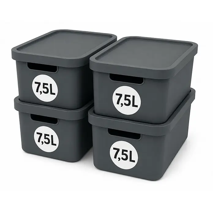 4er-Set 7,5 Liter in Anthrazit mit Deckel – Stapelboxen, Lagerboxen -  - Vier dunkelgraue Aufbewahrungsboxen mit Deckeln, je mit 7,5L beschriftet, paarweise gestapelt.