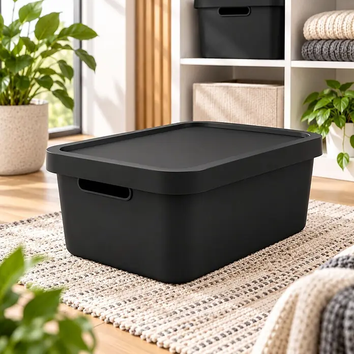 Plastard Aufbewahrungsbox-Set 2er-Set 7,5 Liter in Schwarz mit Deckel – Stapelboxen, Lagerboxen - L x B x H: 32 x 22 x 15 cm, Kunststoff, Schwarz, 2 Stk. - Mattschwarze Aufbewahrungsbox mit Deckel und Griffen, auf einem strukturierten Teppich in einem Einrichtungsumfeld gezeigt.