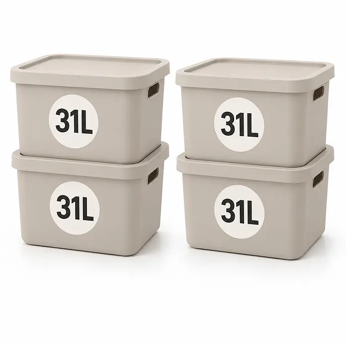 Plastard Aufbewahrungsbox-Set 4er-Set 31 Liter in Beige mit Deckel – Stapelboxen, Lagerboxen - L x B x H: 45,5 x 33,5 x 25 cm, Kunststoff, Beige, 4 Stk. - Vier hellbeige 31L Aufbewahrungsboxen mit Deckel, gestapelt.