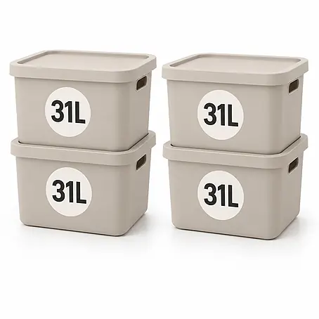 Plastard  Aufbewahrungsbox-Set 4er-Set 31 Liter in Beige mit Deckel – Stapelboxen, Lagerboxen