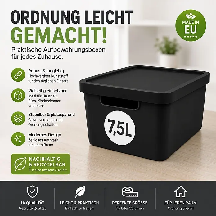 Plastard Aufbewahrungsbox-Set 2er-Set 7,5 Liter in Schwarz mit Deckel – Stapelboxen, Lagerboxen - L x B x H: 32 x 22 x 15 cm, Kunststoff, Schwarz, 2 Stk. - Schwarze Kunststoff-Aufbewahrungsbox mit Deckel, 7,5L Volumen. Robust, stapelbar und vielseitig für Ordnung im Haushalt.