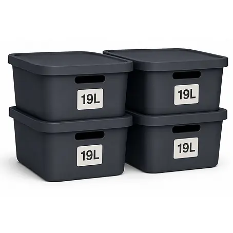 Plastard  Aufbewahrungsbox-Set 4er-Set 19 Liter in Anthrazit mit Deckel – Stapelboxen, Lagerboxen