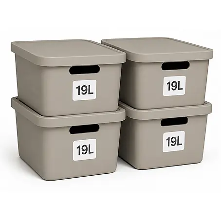 Plastard  Aufbewahrungsbox-Set 4er-Set 19 Liter in Beige mit Deckel – Stapelboxen, Lagerboxen