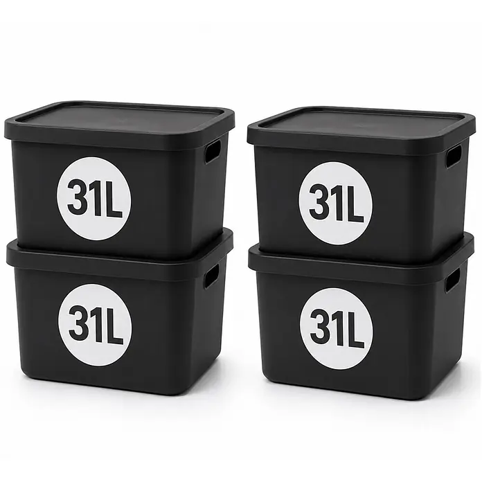 Plastard Aufbewahrungsbox-Set 4er-Set 31 Liter in Schwarz mit Deckel – Stapelboxen, Lagerboxen - L x B x H: 45,5 x 33,5 x 25 cm, Kunststoff, Schwarz, 4 Stk. - Vier schwarze 31L Aufbewahrungsboxen mit Deckel, in zwei Paaren gestapelt.