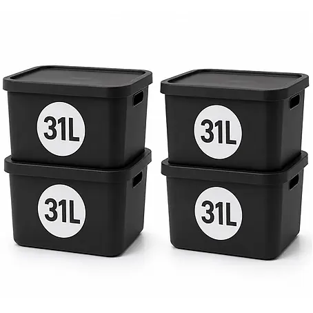 Plastard  Aufbewahrungsbox-Set 4er-Set 31 Liter in Schwarz mit Deckel – Stapelboxen, Lagerboxen