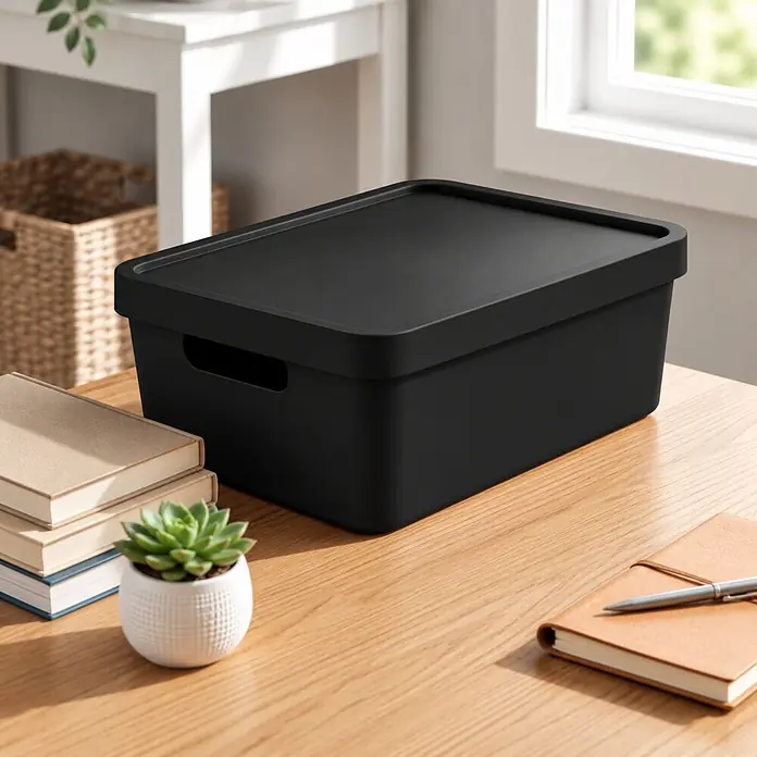 Plastard Aufbewahrungsbox-Set 3er-Set 7,5 Liter in Schwarz mit Deckel – Stapelboxen, Lagerboxen - L x B x H: 32 x 22 x 15 cm, Kunststoff, Schwarz, 3 Stk. - Schwarze Aufbewahrungsbox mit Deckel auf einem Holzschreibtisch, organisiert Bücher und eine Pflanze.
