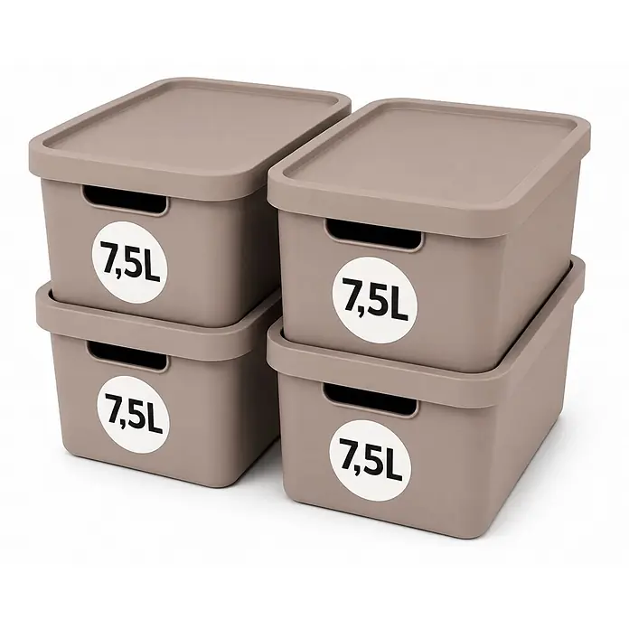 4er-Set 7,5 Liter in Pink mit Deckel – Stapelboxen, Lagerboxen -  - Vier stapelbare taupefarbene Aufbewahrungsboxen mit Deckel und Griffen, jeweils mit 7,5L beschriftet.
