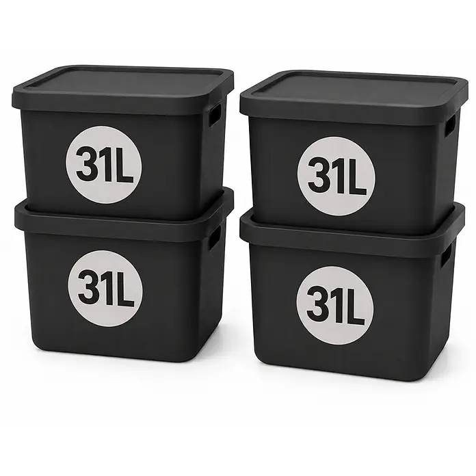 4er-Set 31 Liter in Anthrazit mit Deckel – Stapelboxen, Lagerboxen -  - Vier schwarze Kunststoff-Aufbewahrungsboxen mit Deckeln, jeweils mit „31L“ gekennzeichnet, paarweise gestapelt.