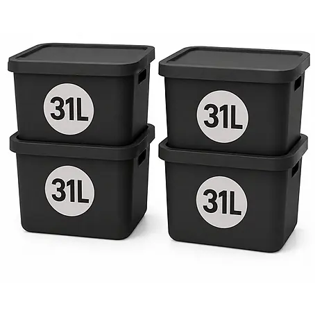 Plastard  Aufbewahrungsbox-Set 4er-Set 31 Liter in Anthrazit mit Deckel – Stapelboxen, Lagerboxen