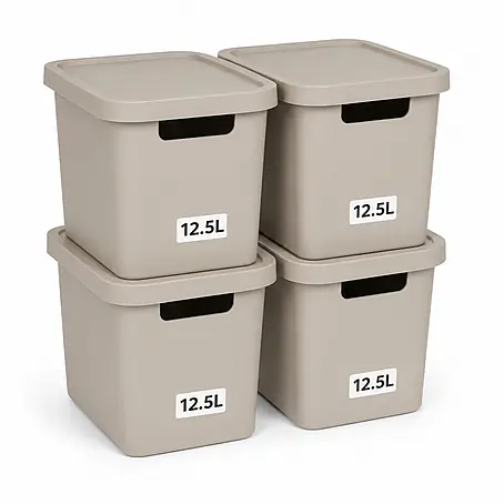 4er-Set 12,5 Liter in Beige mit Deckel – Stapelboxen, Lagerboxen
