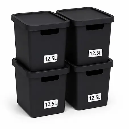 Plastard  Aufbewahrungsbox-Set 4er-Set 12,5 Liter in Schwarz mit Deckel – Stapelboxen, Lagerboxen