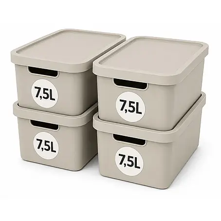 Plastard  Aufbewahrungsbox-Set 4er-Set 7,5 Liter in Beige mit Deckel – Stapelboxen, Lagerboxen