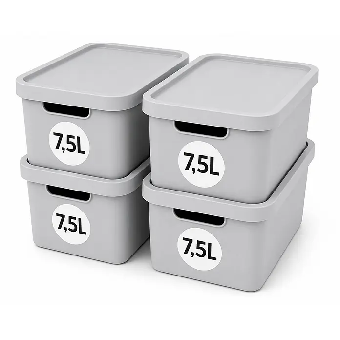 4er-Set 7,5 Liter in Grau mit Deckel – Stapelboxen, Lagerboxen -  - Vier graue Kunststoff-Aufbewahrungsboxen mit Deckeln, je mit 7,5L beschriftet, in zwei Paaren gestapelt.