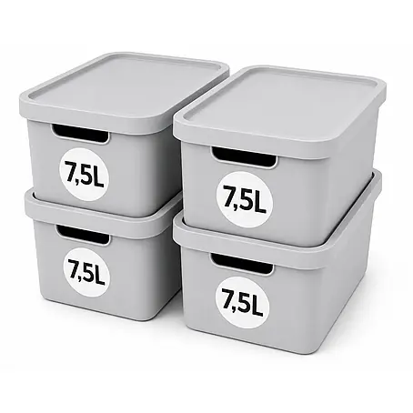 Plastard  Aufbewahrungsbox-Set 4er-Set 7,5 Liter in Grau mit Deckel – Stapelboxen, Lagerboxen