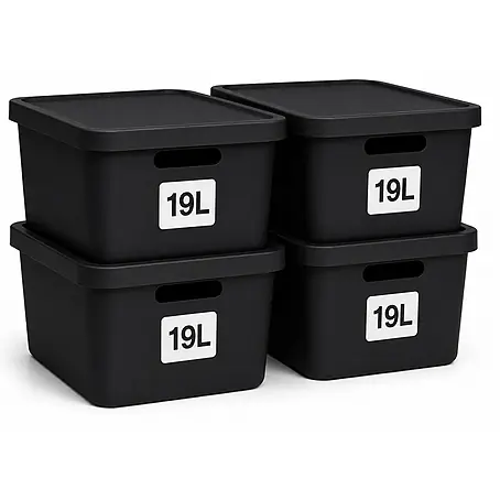 Plastard  Aufbewahrungsbox-Set 4er-Set 19 Liter in Schwarz mit Deckel – Stapelboxen, Lagerboxen