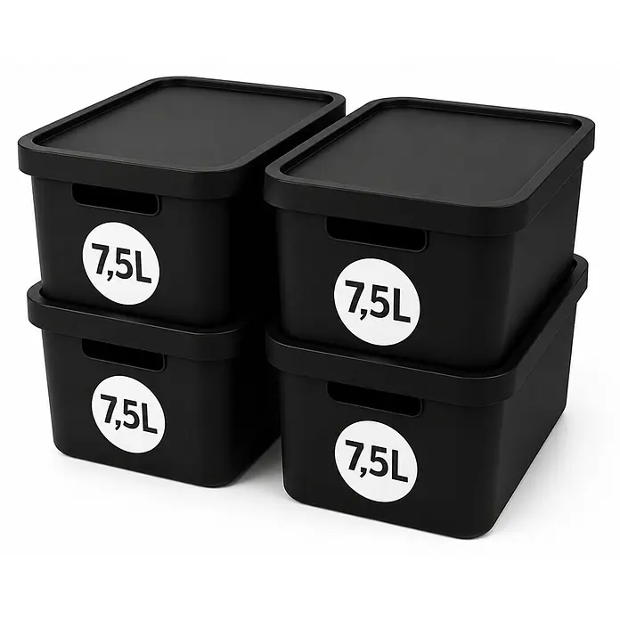 Plastard Aufbewahrungsbox-Set 4er-Set 7,5 Liter in Schwarz mit Deckel – Stapelboxen, Lagerboxen - L x B x H: 32 x 22 x 15 cm, Kunststoff, Schwarz, 4 Stk. - Vier schwarze Aufbewahrungsboxen mit Deckeln, jeweils mit '7,5L' beschriftet, in zwei Paaren gestapelt.