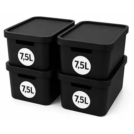Plastard  Aufbewahrungsbox-Set 4er-Set 7,5 Liter in Schwarz mit Deckel – Stapelboxen, Lagerboxen