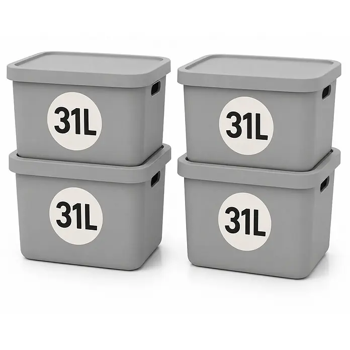 4er-Set 31 Liter in Grau mit Deckel – Stapelboxen, Lagerboxen -  - Vier graue Kunststoff-Aufbewahrungsboxen mit Deckel, jeweils mit "31L" beschriftet. Zwei sind links gestapelt, zwei rechts.