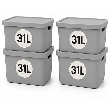 Plastard  Aufbewahrungsbox-Set 4er-Set 31 Liter in Grau mit Deckel – Stapelboxen, Lagerboxen