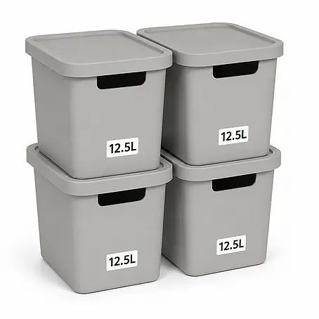 Plastard  Aufbewahrungsbox-Set 4er-Set 12,5 Liter in Grau mit Deckel – Stapelboxen, Lagerboxen