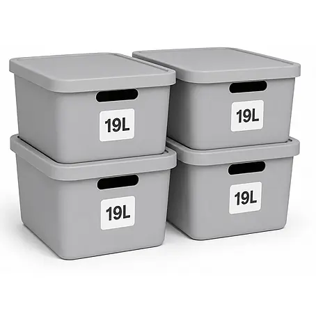 Plastard  Aufbewahrungsbox-Set 4er-Set 19 Liter in Grau mit Deckel – Stapelboxen, Lagerboxen