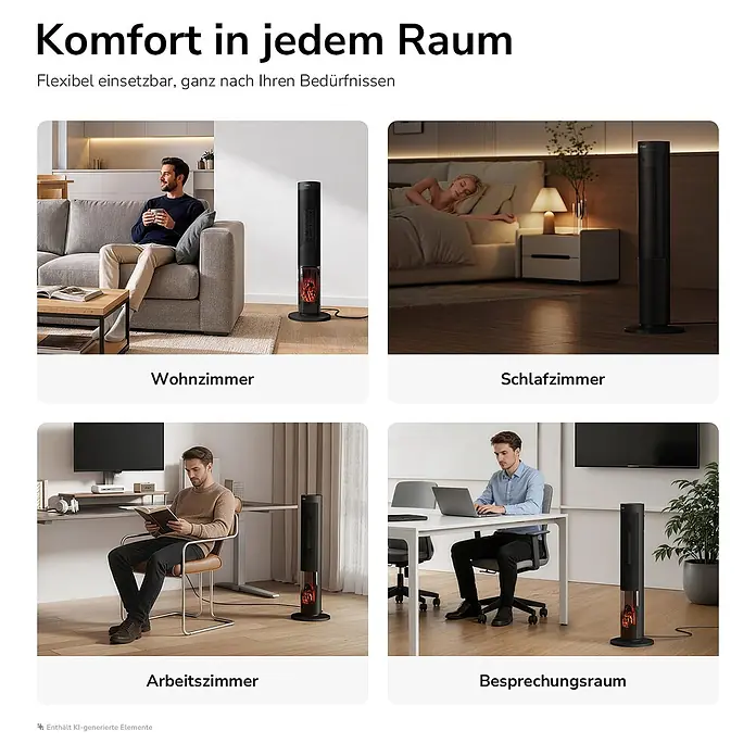 Emke Heizlüfter -  - Schwarzer Turmheizer mit Flammeneffekt, der in verschiedenen Räumen wie Wohnzimmer, Schlafzimmer und Büro Komfort bietet.