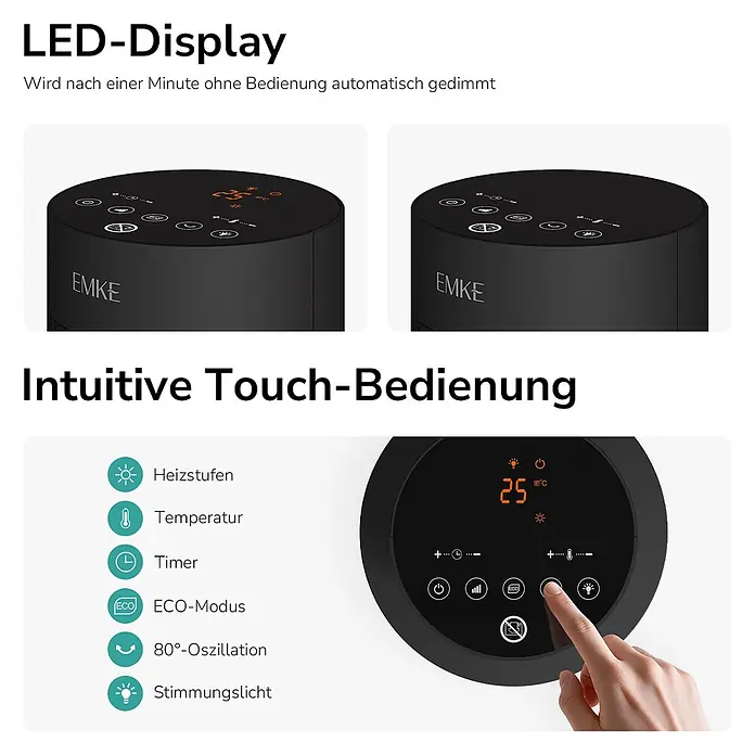 Emke Heizlüfter -  - Schwarzer zylindrischer Heizlüfter mit orangefarbenem LED-Display (25°C) und intuitiver Touch-Steuerung für Heizung, Temperatur, Timer, ECO, Oszillation, Stimmungslicht.