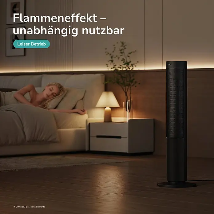 Emke Heizlüfter -  - Schwarzer Turmheizer/Lüfter in einem Schlafzimmer mit schlafender Person. Bietet Flammeneffekt und leisen Betrieb.