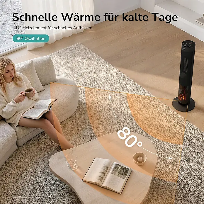 Emke Heizlüfter -  - Schwarzer Turmheizer in einem Wohnzimmer, der mit 80-Grad-Oszillation schnell Wärme spendet, während eine Person liest.