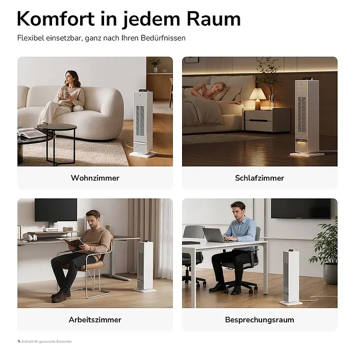 Emke Heizlüfter -  - Weißer Turmheizer, der in verschiedenen Räumen wie Wohnzimmer, Schlafzimmer, Arbeitszimmer und Besprechungsraum Komfort bietet.