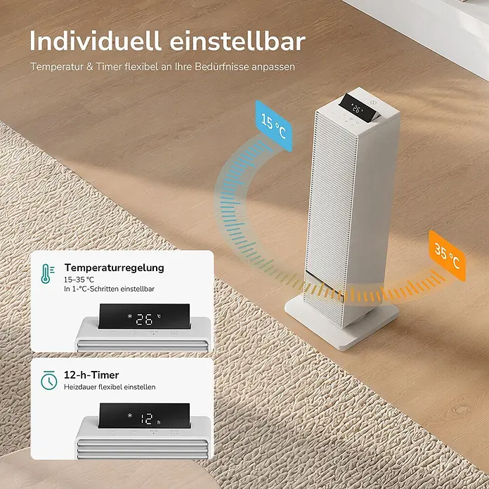 Emke Heizlüfter -  - Weißer Turmheizer/Lüfter mit Digitalanzeige, zeigt einstellbare Temperatur (15-35°C) und 12-Stunden-Timerfunktion auf Holzboden.