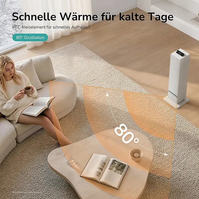 Emke Heizlüfter -  - Weißer Turmheizlüfter wärmt Wohnzimmer mit 80° Oszillation. Eine Person entspannt auf dem Sofa.