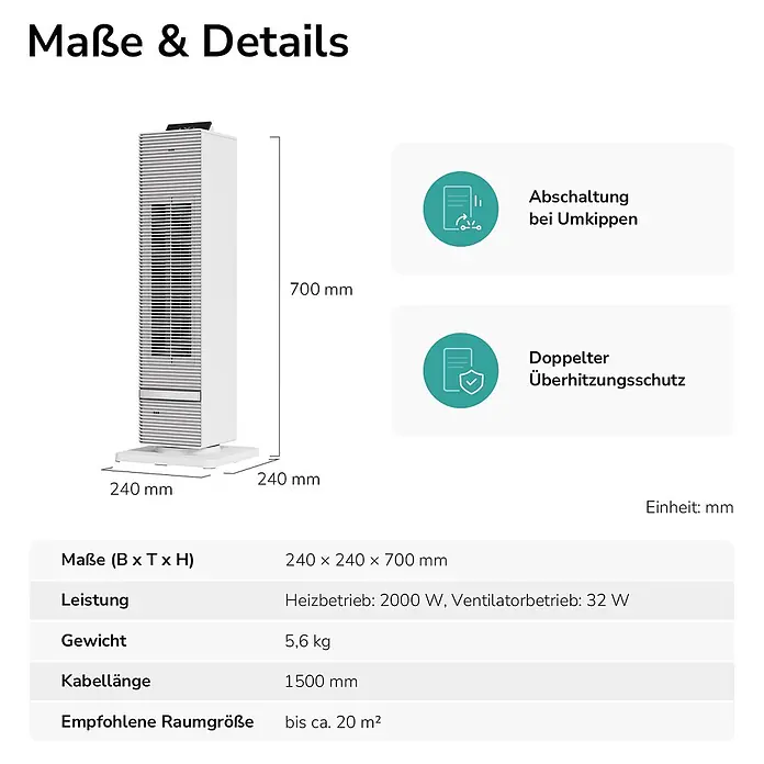 Emke Heizlüfter -  - Weißer Turm-Heizlüfter (240x240x700mm) mit Kippschutz und doppeltem Überhitzungsschutz.