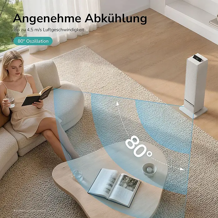 Emke Heizlüfter -  - Weißer Turmventilator in einem Wohnzimmer, der seine 80°-Oszillation für angenehme Kühlung zeigt. Eine Frau liest daneben.