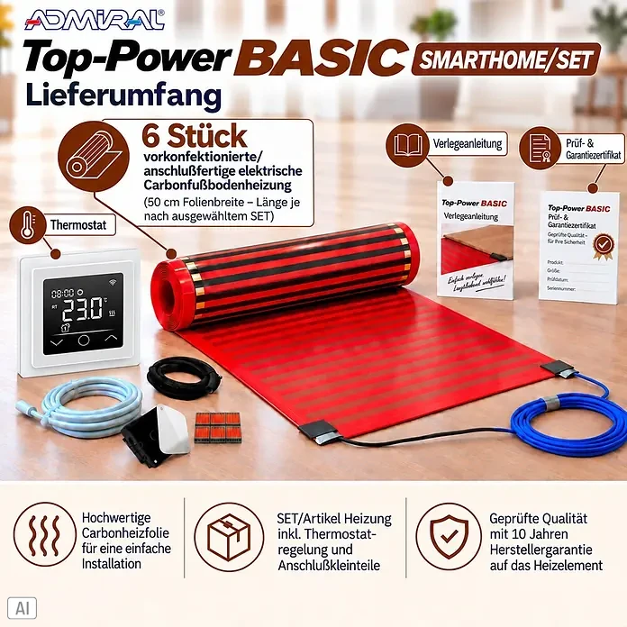 Admiral Fußbodenheizung Top-Power Basic - 15 x 0,5 m, Beheizbare Fläche: 7,5 m², 600 W - Fußbodenheizungsset mit roter und schwarzer Carbonheizfolie, Thermostat, Anleitung und Anschlusszubehör.