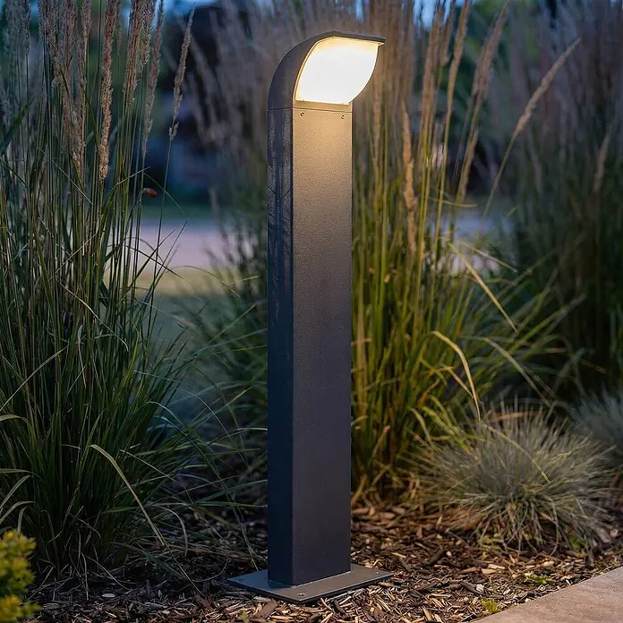 Lucande LED Sockelleuchte in anthrazit, weiß, Wegeleuchten außen -  - Anthrazitfarbene Außenpollerleuchte beleuchtet Gräser und Mulch. Moderne Wegbeleuchtung.