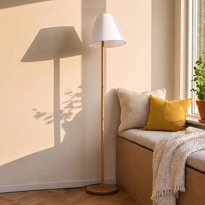Lucande Stehlampe Wohnzimmer in weiß, eiche, Stehleuchte -  - Weiße Stehlampe mit Holzständer, platziert in einem sonnigen Raum neben einer Fensterbank mit Kissen.