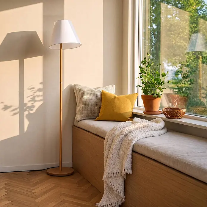Lucande Stehlampe Wohnzimmer in weiß, eiche, Stehleuchte -  - Eine Stehlampe mit Holzfuß und weißem Schirm steht neben einer Fensterbank mit Kissen und Decke, im natürlichen Licht.