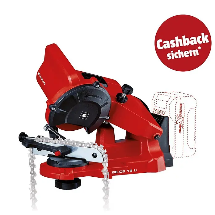 Einhell PXC 18V Akku-Sägekettenschärfgerät GE-CS 18 Li-Solo - Mit LED-Beleuchtung, Schleifwinkeleinstellung, inklusive Schleifscheibe - Rotes Einhell GE-CS 18 Li Akku-Kettenschärfgerät mit Metallkette.