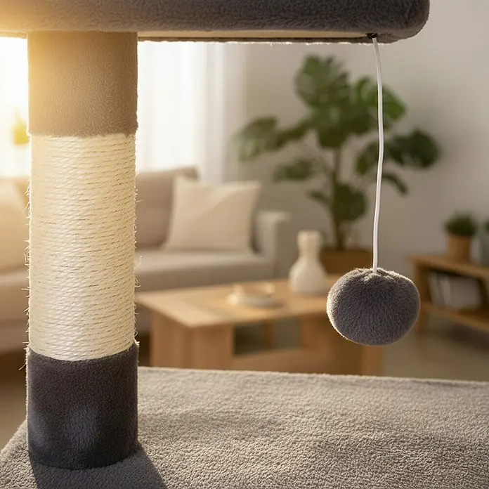 belviona Kratzbaum - 30 x 50 x 85 cm, Textil, dunkelgrau - Grauer Kratzbaum mit Sisalseil-Säule und Plüschbasis, mit einem baumelnden flauschigen Ball, in einem Zuhause.