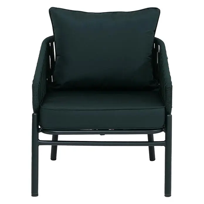 Aluminium-Gartenstuhl | Loungestuhl Sessel Outdoor | Seilgeflecht Rope Stoff/Textil - 180g/m2 - Dunkelgrüner Outdoor-Sessel mit geflochtenen Armlehnen, dunklem Metallgestell und passenden Kissen.