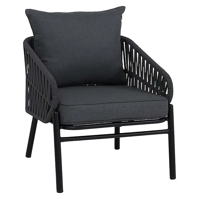 Aluminium-Gartenstuhl | Loungestuhl Sessel Outdoor | Seilgeflecht Rope Stoff/Textil - 180g/m2 - Dunkelgrauer Outdoor-Lounge-Sessel mit geflochtenem Seilkörper, schwarzem Metallrahmen und bequemen Kissen.