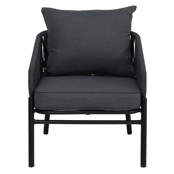 Mendler Gartensessel HWC-P90 - 1 Stk., Metall, Anthrazit, B x T x H: 64 x 70 x 67 cm - Dunkelgrauer Sessel mit Stoffkissen, schwarzem Metallrahmen und geflochtenen Seilarmlehnen.